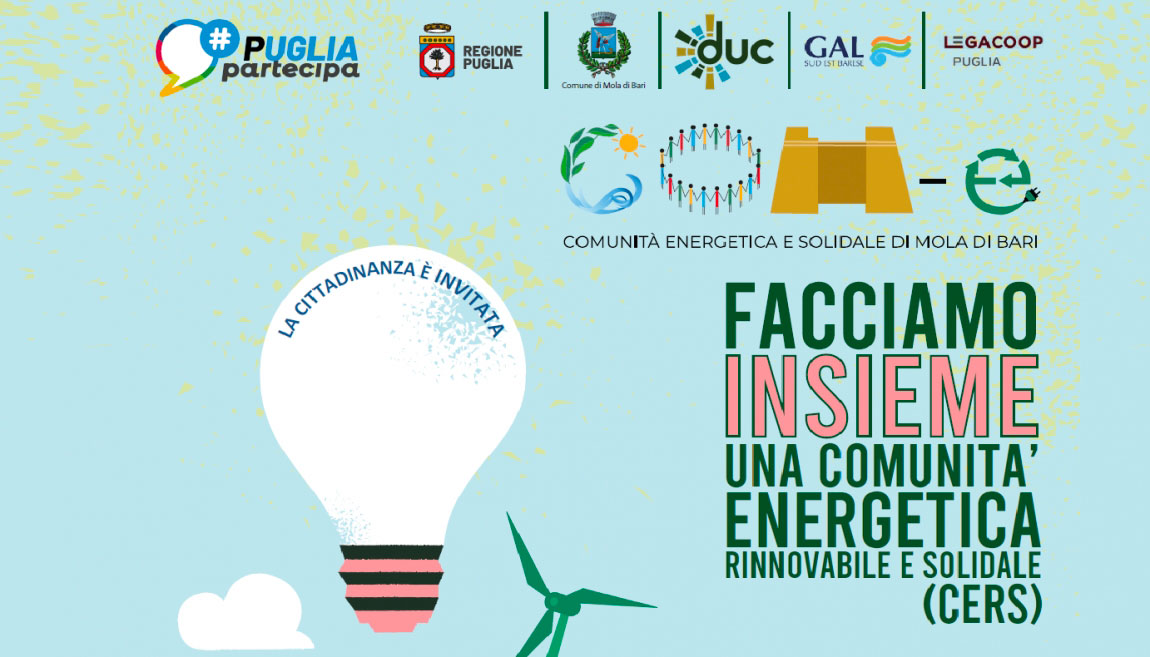 LABORATORI PER LA COMUNITÁ ENERGETICA RINNOVABILE E SOLIDALE A MOLA DI BARI: AL VIA UN CICLO DI INCONTRI DI APPROFONDIMENTO
