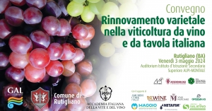 IL 3 MAGGIO A RUTIGLIANO SI PARLA DI RINNOVAMENTO VARIETALE NELLA VITICOLTURA DA VINO E DA TAVOLA ITALIANA